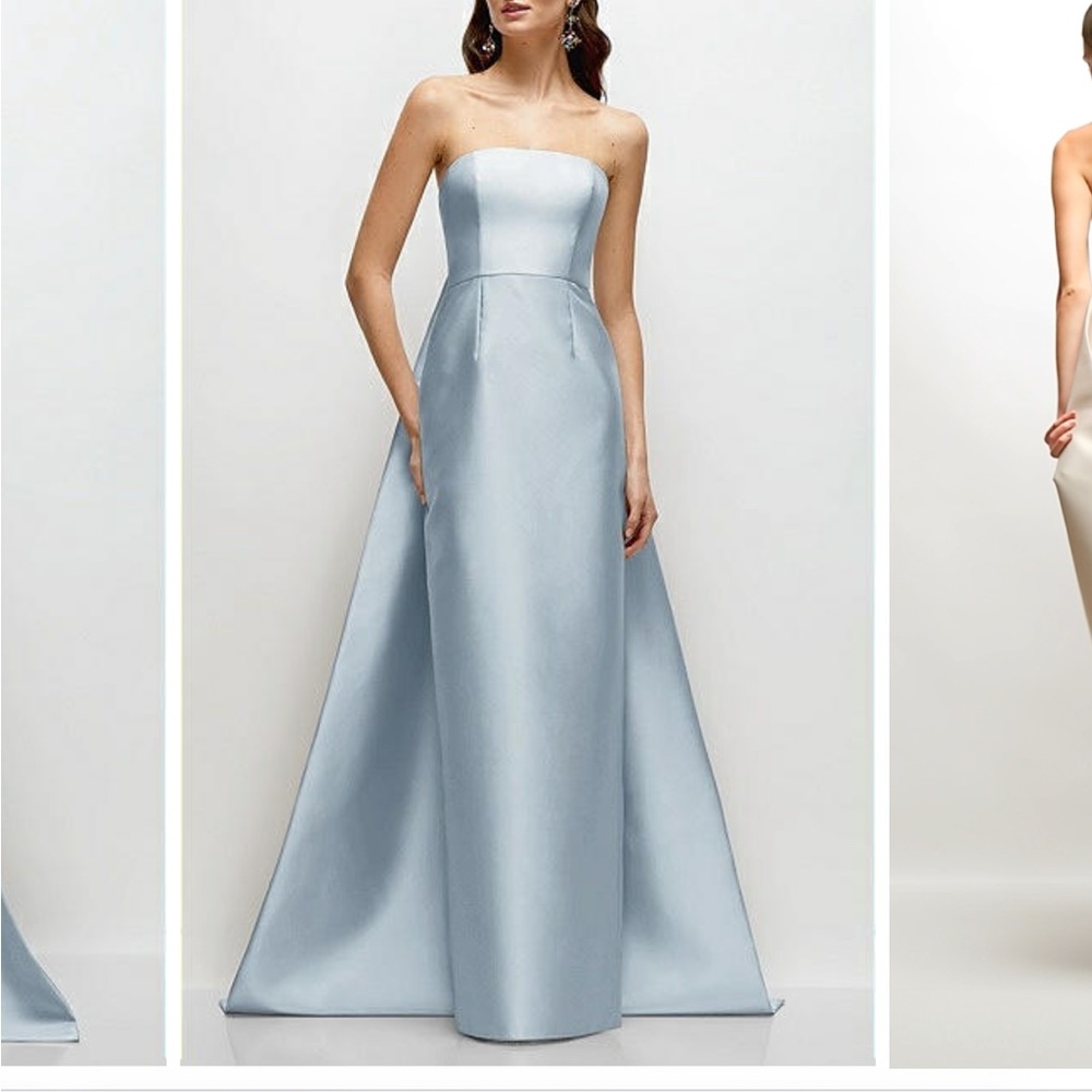 STRAPLESS SATIN COLUMN DRESS WITH REMOVEABLE WATTEAU TRAIN IN MIST